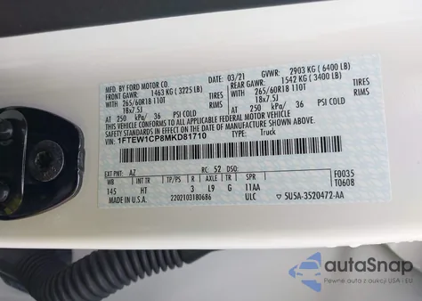 2021 Ford F-150 Lariat z USA, uszkodzony, nr VIN 1FTEW1CP8MKD81710